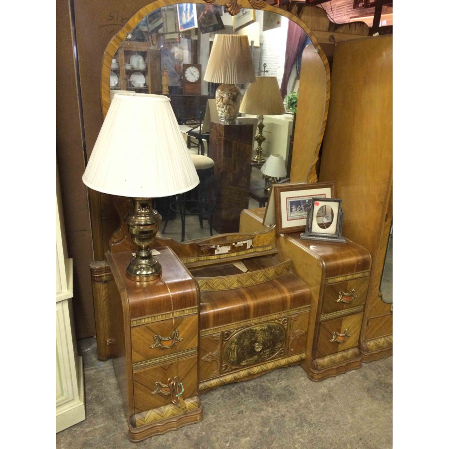 Sold Antique Waterfall Vanity With Round Mirror