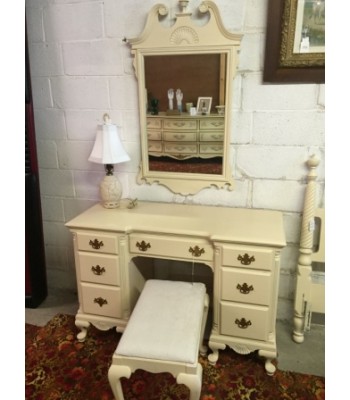White painted vanity with mirror and bench