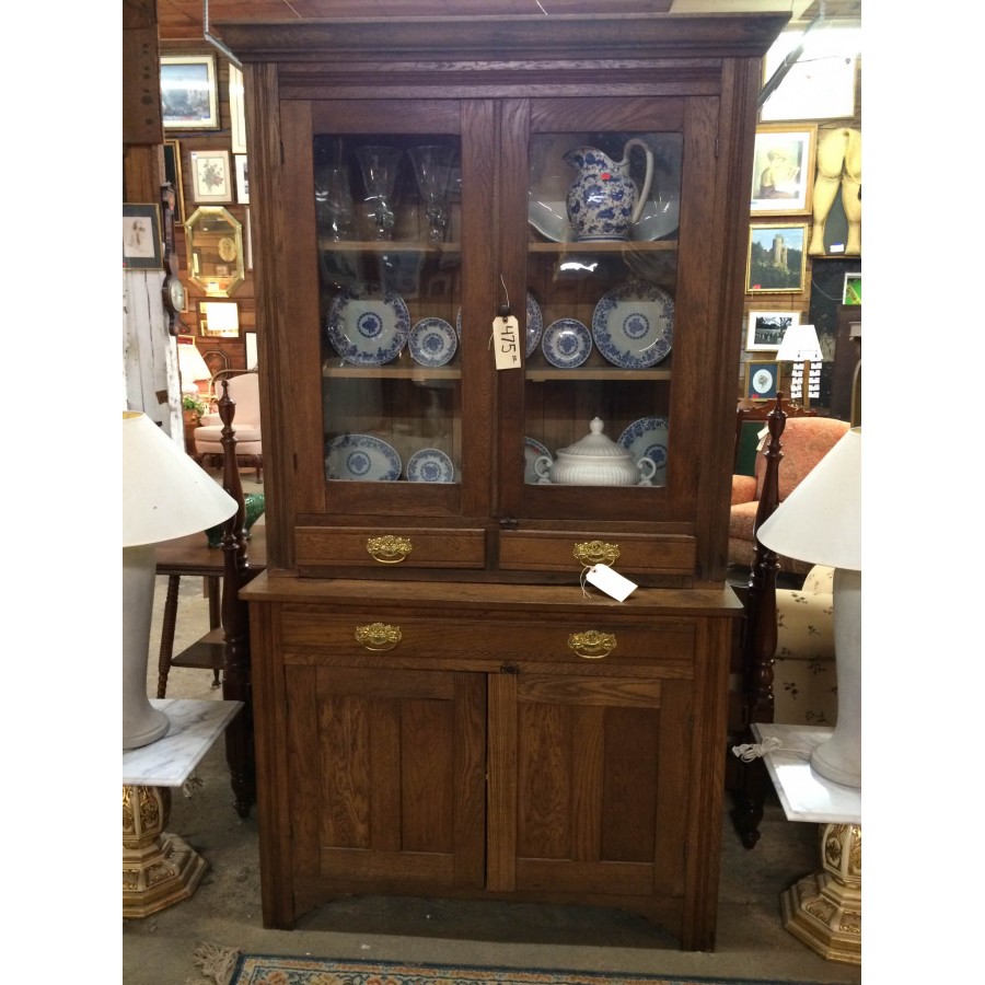 Antique Oak China Cupboard Hutch