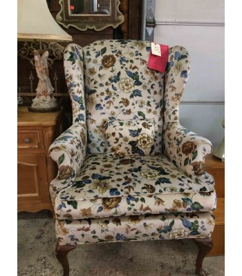 SOLD - Teal and Cream Floral Wingback Chair